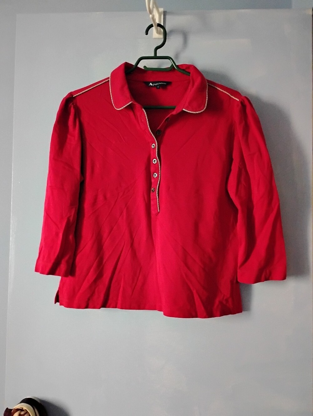 Vintage Aquascutum Red Cotton Peter Pan Collar Puff Sleeve Polo Shirt L